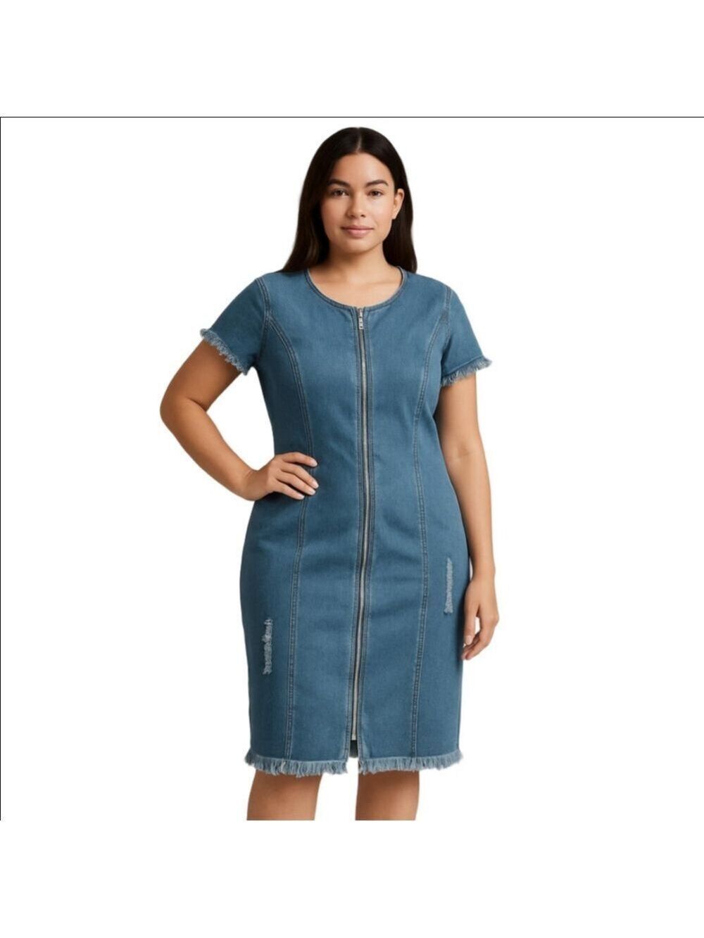 Denim Midi Dress with Front Zip - Light Blue
